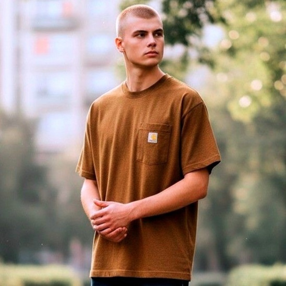 Carhartt Mens M Loose Fit Cotton Blend Brown Graphic Pocket T Shirt Workwear
